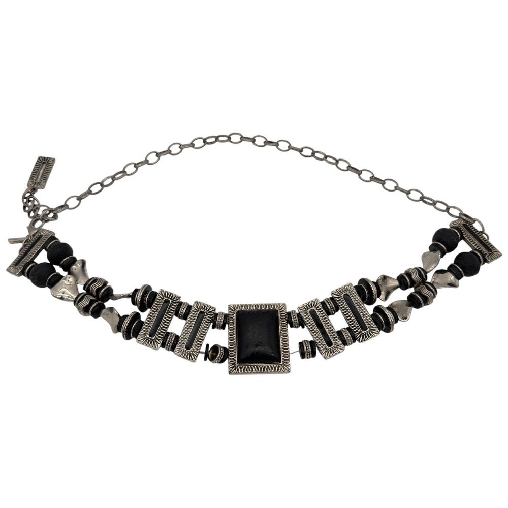 Chicos Silver Tone Black Resin Statement Chain Belt Boho Southwestern - Picture 3 of 7